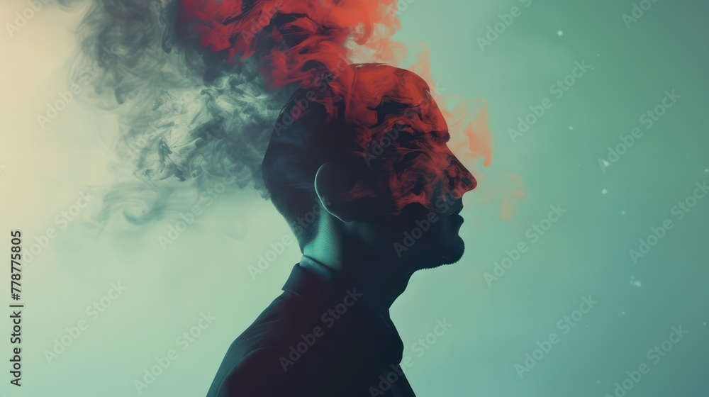 A man with a red face and smoke coming out of his mouth