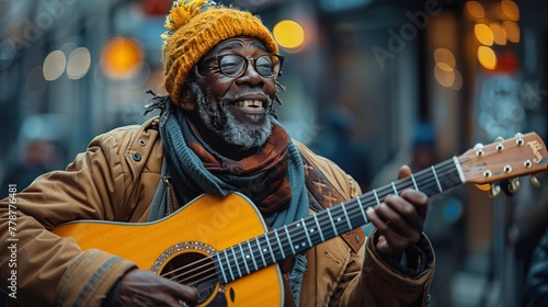 Mature man playing guitar in a city - Generative AI