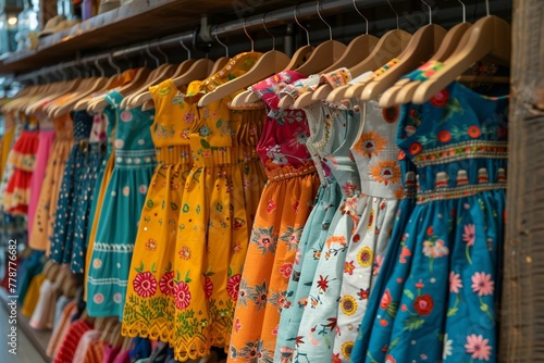 A fashionable and colorful collection of dresses hangs in the boutique, attracting customers.