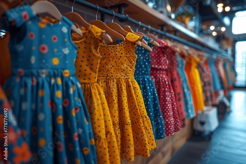 Colorful and fashionable dresses hang on display in a retail store, offering a wide selection. photo