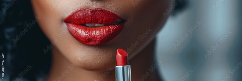 Naklejka premium A woman applying lipstick, with a close-up focus on her lips to capture the moment of transformation and self-expression
