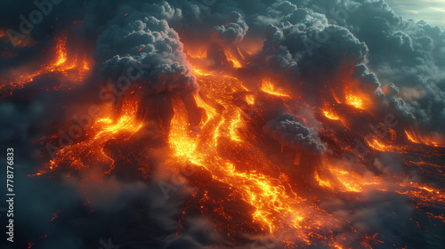 Majestic and catastrophic volcanic eruption with flowing lava and explosive ash clouds.