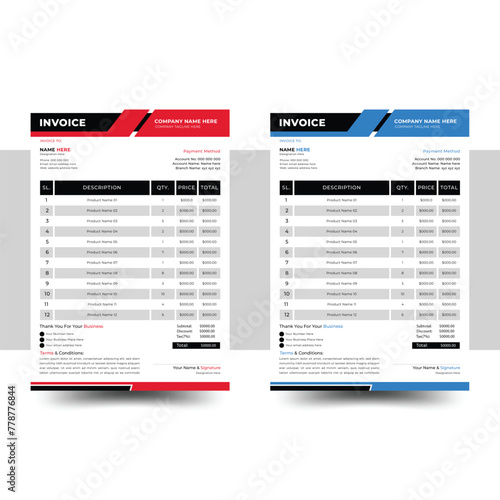 Professional invoice template with A4 size, easy and minimal billing for corporate invoices with 2 color sets company and business professional business invoice design illustrator