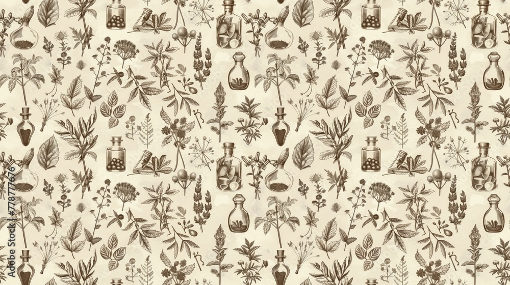 A vintage style pattern of plants and herbs with a bottle of medicine in the middle. The image has a nostalgic and calming mood
