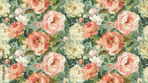 A floral pattern with pink and white flowers. The flowers are arranged in a way that creates a sense of movement and depth. Scene is one of serenity and beauty