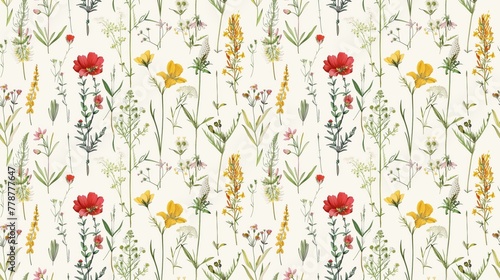 A floral patterned wallpaper with a variety of flowers in different colors. The wallpaper has a bright and cheerful mood, with the flowers arranged in a way that creates a sense of movement and energy