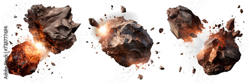 Set of meteorites of different types isolated on a white or transparent background. Meteorites close up, with tongues of flame scattering into small pieces. Disaster in space. photo