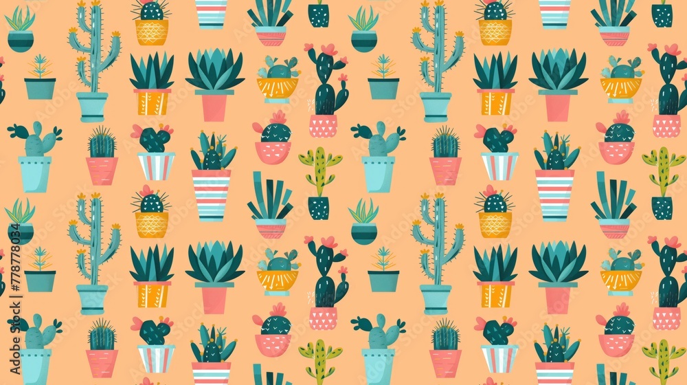 Obraz premium A colorful pattern of potted plants, including cacti, is displayed on a bright orange background