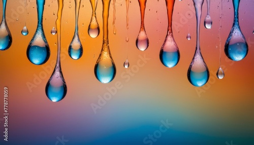 A captivating display of water droplets clinging to a smooth surface, showcasing a colorful gradient background that transitions from blue to orange. AI Generation