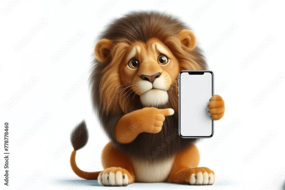 funny Lion pointing on smartphone with white screen on white background funny Lion pointing on smartphone with white screen on white background