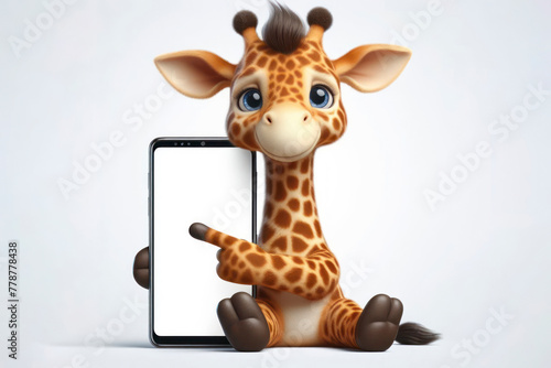 funny giraffe pointing on smartphone with white screen on white background