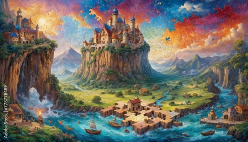 A vibrant fantasy landscape featuring a castle on a cliff as a puzzle, symbolizing the creation of one's own kingdom.. AI Generation