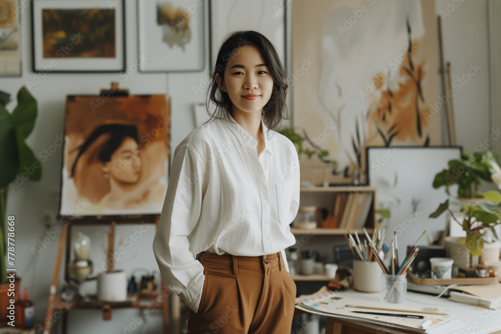 A young graphic designer stands confidently in her modern office, surrounded by colorful designs and artwork. A young graphic designer stands confidently in her modern office, surrounded by colorful designs and artwork.