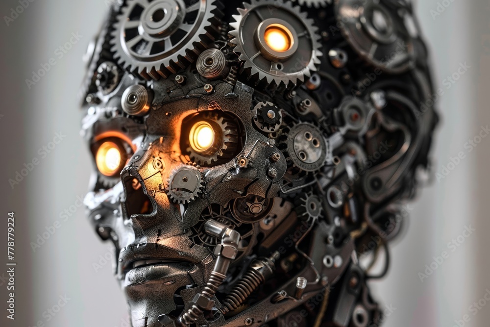 An intricate mechanical head made of gears and pistons with glowing eyes super realistic An intricate mechanical head made of gears and pistons with glowing eyes super realistic