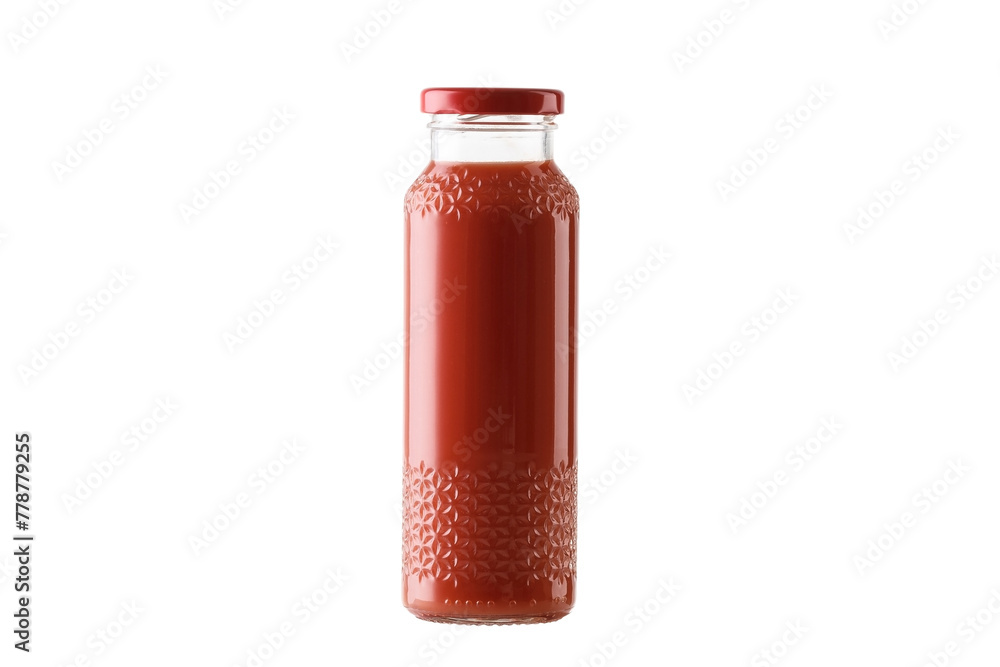 a glass bottle of tomato juice, floral pattern on the top. isolated on white background. a glass bottle of tomato juice, floral pattern on the top. isolated on white background.