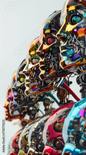 An assembly of diverse mechanical heads each uniquely colorful