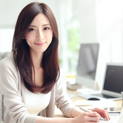 business woman working on laptop in a modern office, made with generative AI technology