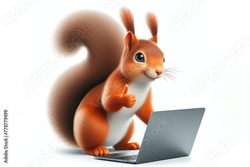 squirrel with laptop showing thumbs up on white background