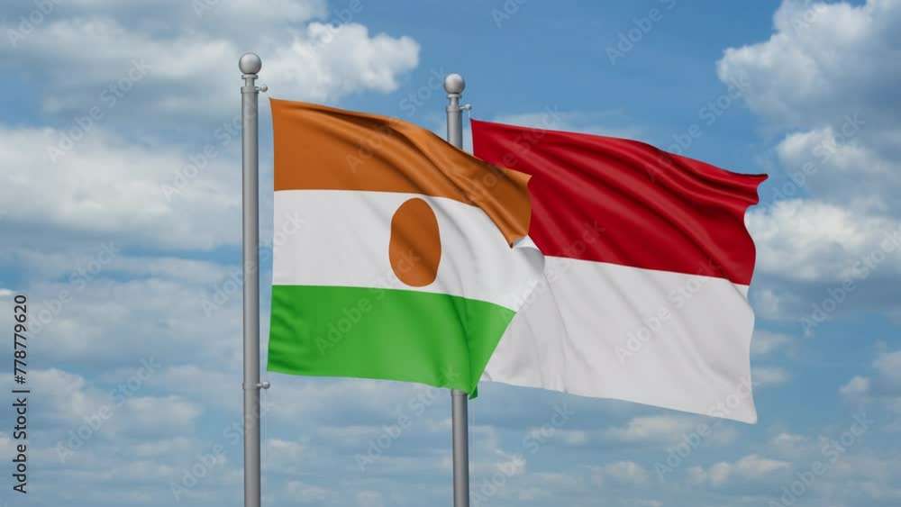 Indonesia and Niger two flags waving together, looped video, two country relations concept Indonesia and Niger two flags waving together, looped video, two country relations concept