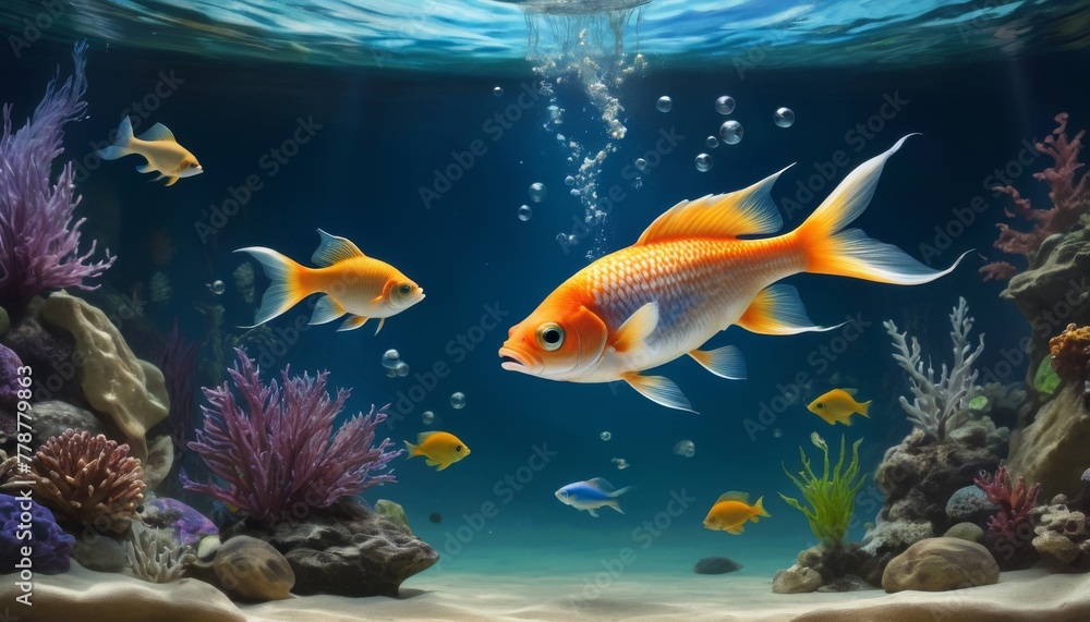 A dynamic underwater scene featuring a prominent orange goldfish gliding among aquatic plants and bubbles, set against a serene blue backdrop with various small fish.. AI Generation A dynamic underwater scene featuring a prominent orange goldfish gliding among aquatic plants and bubbles, set against a serene blue backdrop with various small fish.. AI Generation