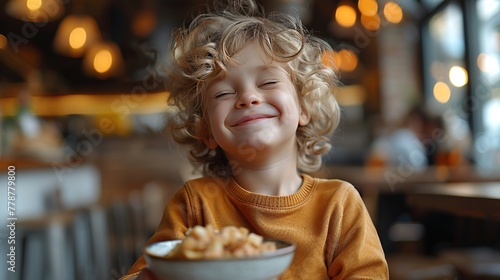 Cute hungry boy dressed in casuals with eyes closed eating sweet chocolate spread with bread for breakfast while sitting in restaurant - Generative AI
