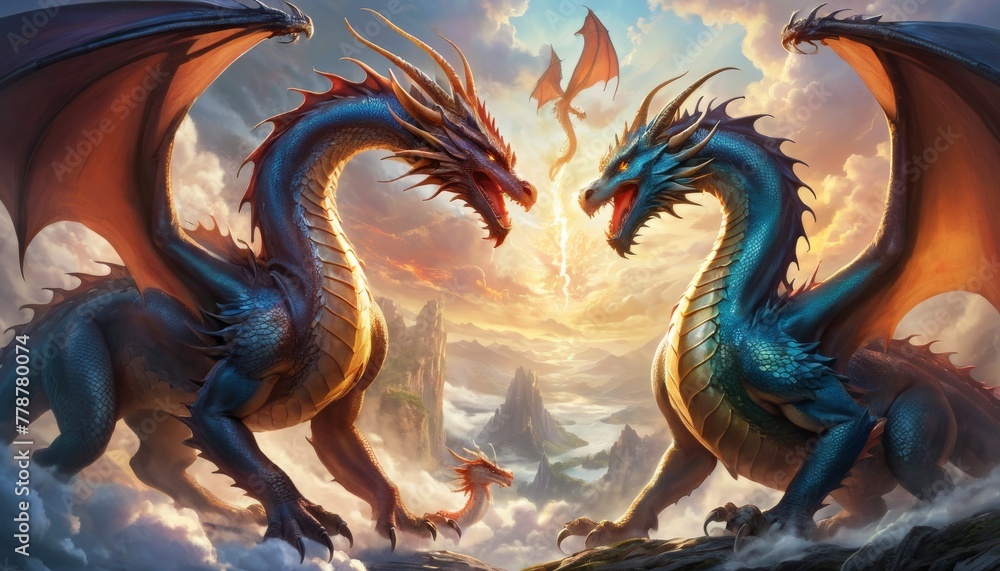 Obraz premium Two majestic dragons locked in a fierce duel against a backdrop of dramatic skies and towering mountains, embodying myth and fantasy. AI Generation