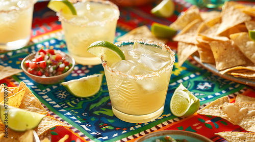 Two Classic lime margaritas with nachos and tacos Cico de Mayo traditional food photo