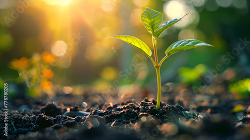 Green sprout growing from seed on blurred nature background with sun light