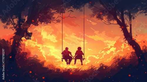 couple on swing ride at dusk, flying high, romantic 2D cute cartoon  © komgritch