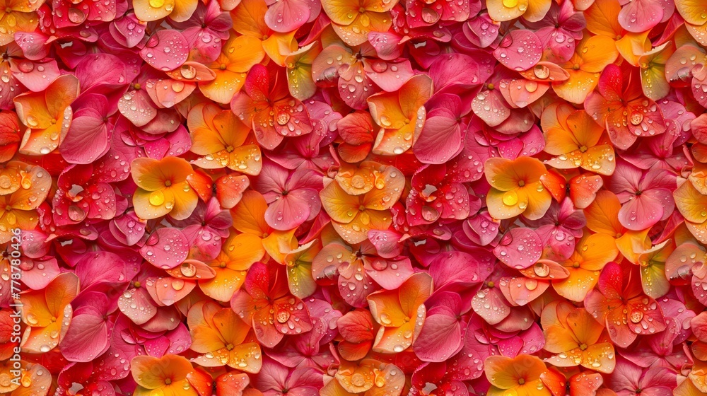 A close up of a bunch of pink and orange flowers with droplets of water on them. The flowers are arranged in a way that creates a sense of depth and texture. The image conveys a feeling of freshness A close up of a bunch of pink and orange flowers with droplets of water on them. The flowers are arranged in a way that creates a sense of depth and texture. The image conveys a feeling of freshness