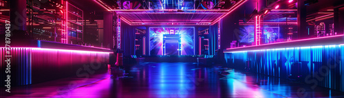 Neon-Lit Cyber Club Stage: Immersive Sensory Experience Blurs Reality and Virtuality, Enveloping Audience in Vibrant Hues