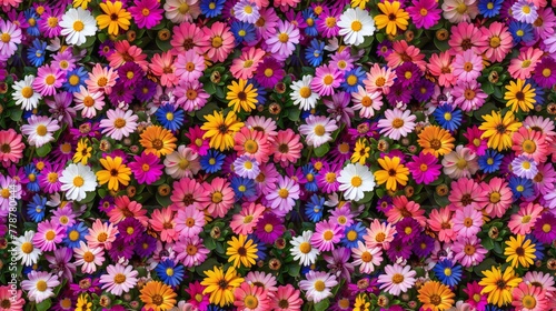 A colorful field of flowers with a variety of colors including pink, blue, white, and yellow © FoxGrafy