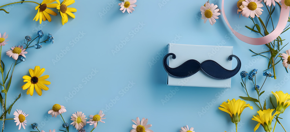 Elegant Father's Day Theme with Mustache, Bow Tie, and Yellow Flowers on Blue Background