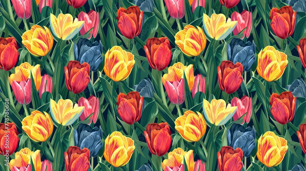 A colorful field of tulips with a blue sky in the background. The flowers are in various shades of pink, yellow, and blue A colorful field of tulips with a blue sky in the background. The flowers are in various shades of pink, yellow, and blue