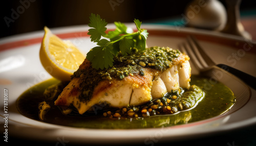 Moroccan Fish chermoula is a blend of lemon, fresh herbs, and spices photo