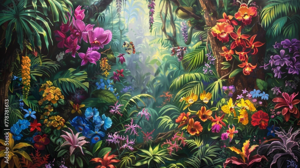 A colourful rain forest teaming with vibrant coloured flowers and life A colourful rain forest teaming with vibrant coloured flowers and life