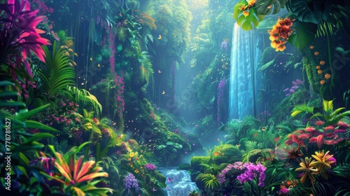 A colourful rain forest teaming with vibrant coloured flowers and life © paisorn