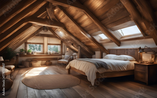 Cozy attic bedroom, exposed wooden beams, skylights, and plush bedding, nestled under the roof. © julien.habis