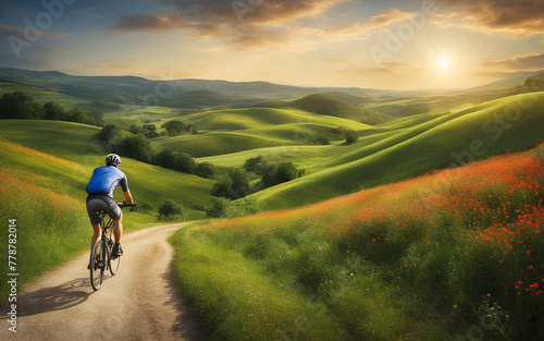 Cyclist on a winding road through lush countryside, rolling hills and wildflowers on a sunny day © julien.habis
