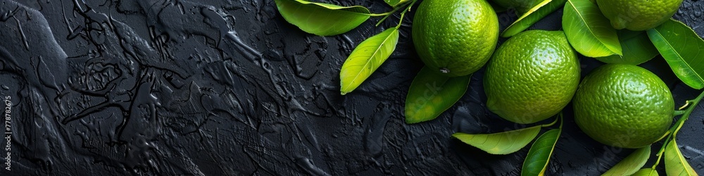 Fresh green limes with leaves. Citrus. Against a background of black stone. View from above. place for text. generative ai Fresh green limes with leaves. Citrus. Against a background of black stone. View from above. place for text. generative ai