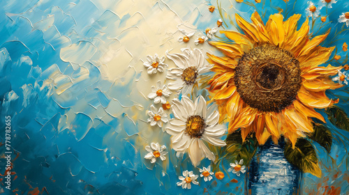 blue bakground, painting, sunflowers and white small flowers focus on right, oil paintiing, blue and orange. photo