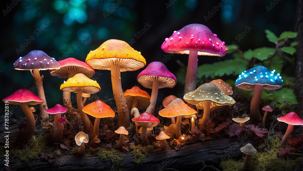 Fototapeta premium mushroom in the forest, Close up of mushroom in forest, Glowing mushroom in dark forest in vibrant colors covered in moss. Magical scenery of light coming out of mushroom cap.