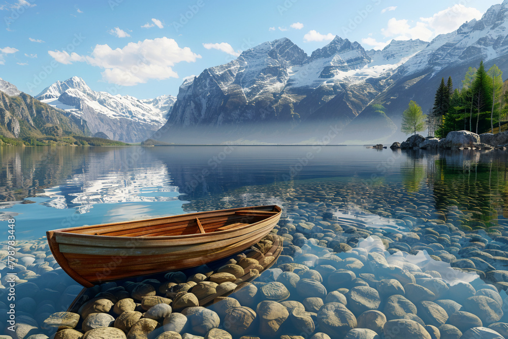 an old wooden boat standing still in crystal water of a mountain lake producing enchanting spectrum