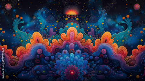 A psychedelic trip through space, imaginative, vibrant.