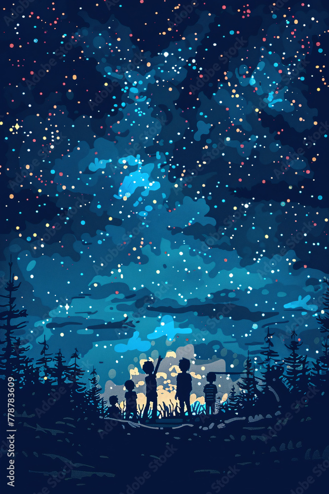 Fototapeta premium fantasy background with silhouettes of persons unter blue night sky