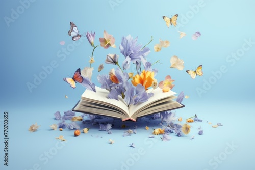 An floating open book with flowers falling out isolated on pastel blue background. Various fresh spring flowers come out of the book against a pastel blue background. Minimal nature concept.