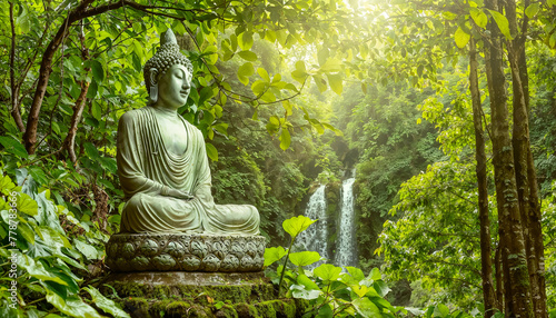 jolie statue de Bouddha, en pleine forêt, cascade d'eau en arrière plan, magnifique, zen