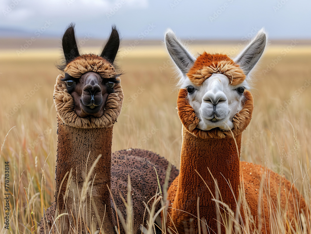 Fototapeta premium Two llamas standing in a field with one of them having a white face