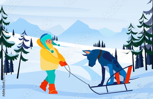 Kid and dog sledging outdoors