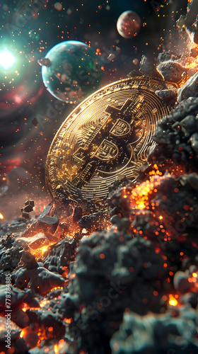 Cosmic Alignment of Bitcoin Cryptocurrency in Vibrant Photographic Style